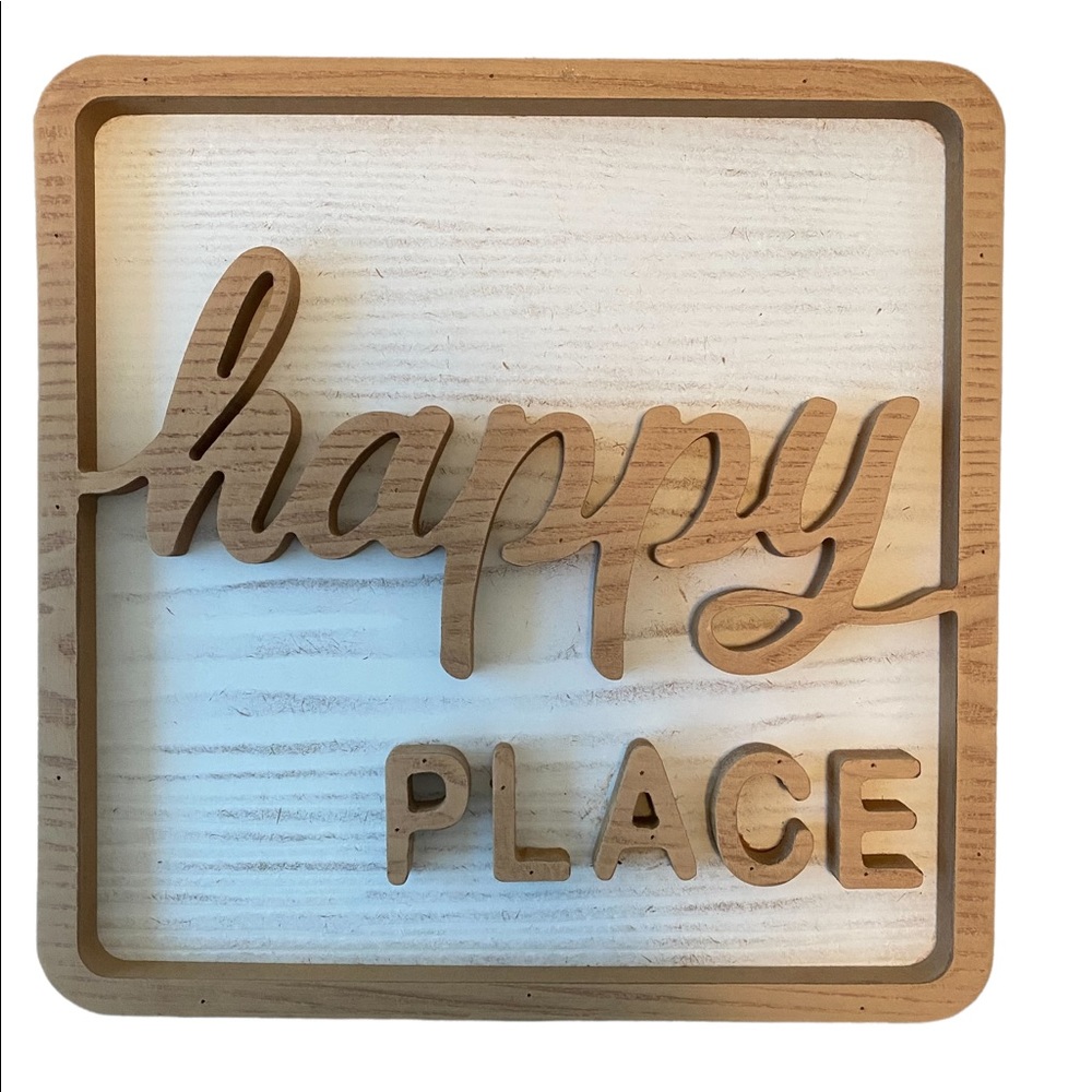 NWT Francesca’s WOOD This is My Happy Place SIGN Hang or Table Top White Wash